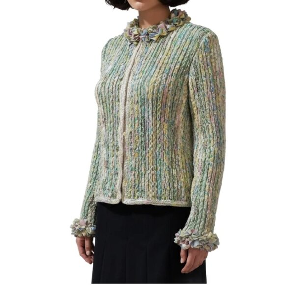 Cici Bianca Cardigan Sweater Ruffled Neckline Art to Wear Handwoven Small/Medium - Picture 2 of 11